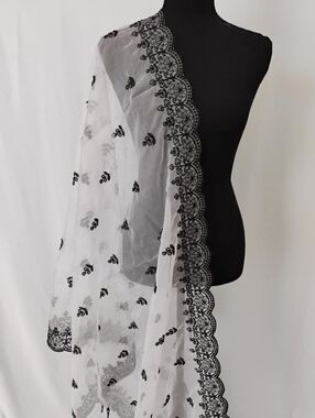 White Dupatta with Black Floral Embroidery